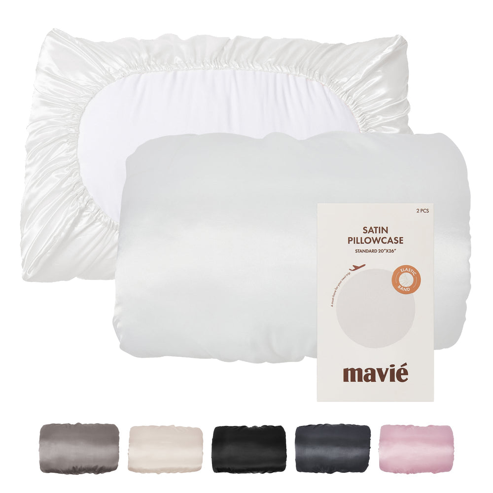 Premium Satin Pillowcase for Hair & Skin – Slip-Free Secure Fit Travel Pillow Cover, Cooling & Anti-Frizz Beauty Sleep__White
