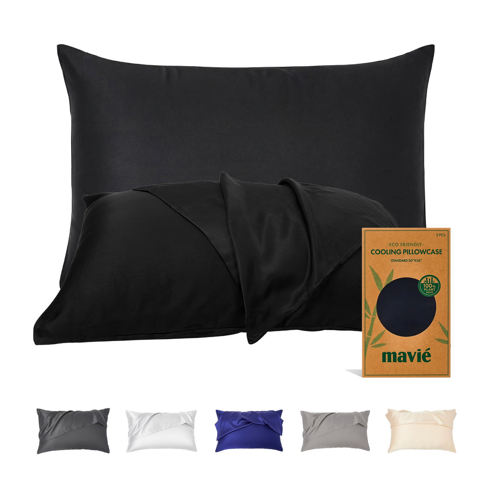 Plant-Derived Cooling Viscose Pillowcases (Set of 2) – Moisture-Wicking & Hair Protection__Black