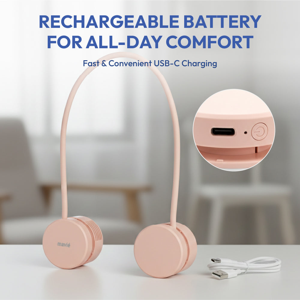 displayall_005 "MAVIÉ Portable Personal Neck Fan, Cooling Hands Free Bladeless Fan, Rechargeable Long Battery Life, 360° Airflow with 3 Speeds, Lightweight Collapsible Design, Low Noise with Strong Wind product view."