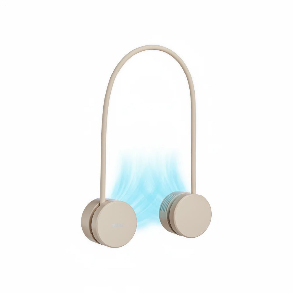 pfan12_main "MAVIÉ Portable Personal Neck Fan, Cooling Hands Free Bladeless Fan, Rechargeable Long Battery Life, 360° Airflow with 3 Speeds, Lightweight Collapsible Design, Low Noise with Strong Wind in Khaki product view."