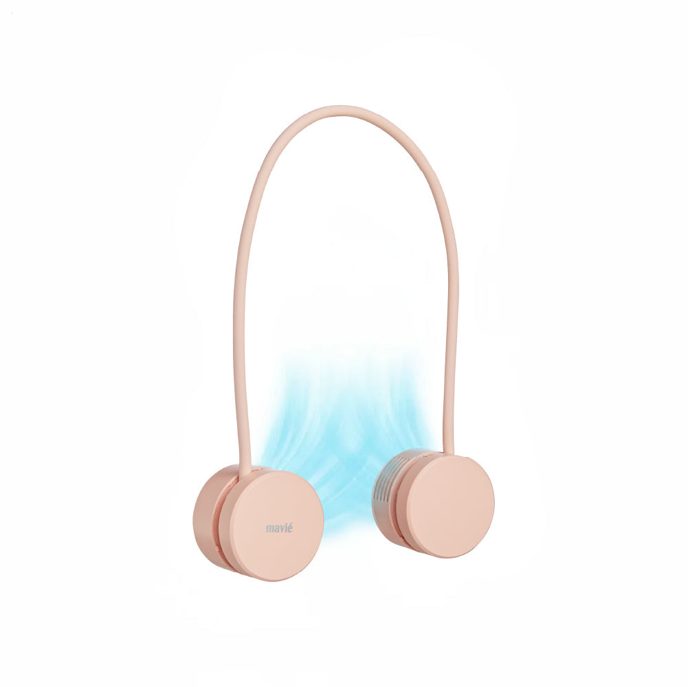 pfan13_main "MAVIÉ Portable Personal Neck Fan, Cooling Hands Free Bladeless Fan, Rechargeable Long Battery Life, 360° Airflow with 3 Speeds, Lightweight Collapsible Design, Low Noise with Strong Wind in Pink product view."